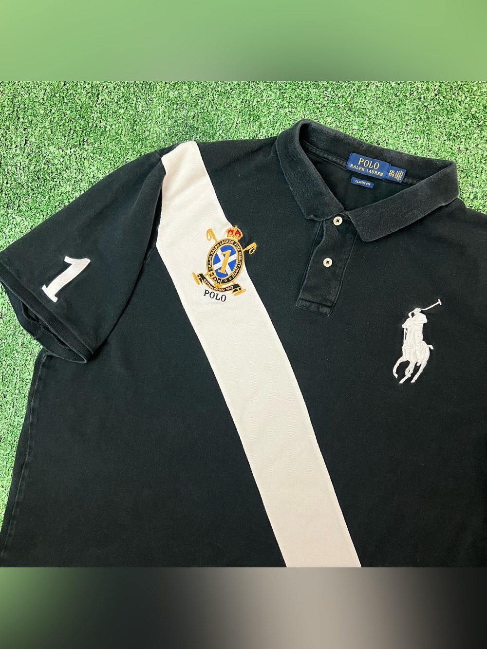 Polo Ralph Lauren RL Big Pony Shirt Crest Black White Mens 2XL Rugby Style Polo